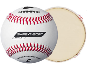 Split baseball showing the inside of the Champro Saf-T-Soft baseball