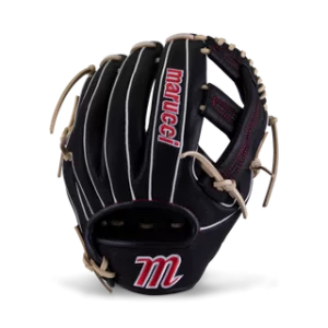 Black Marucci Acadia fielding glove with red lettering