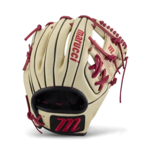 Tan Marucci Oxbow fielding glove with red lettering and red stitching. Glove is 11.5 inches long