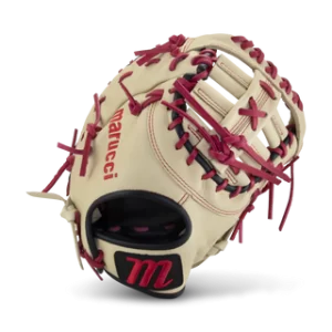 Tan Marucci Oxbow fielding glove with red lettering and red stitching. Glove is 12.75 inches long