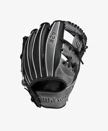 Black and grey Wilson baseball fielding glove. The glove is 11.75 inches in length